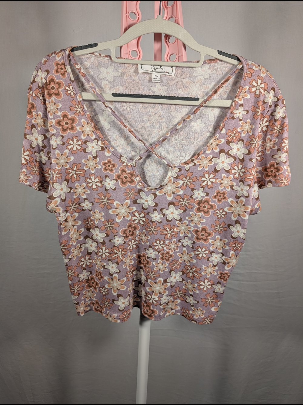 Hippie Rose XL Retro Floral Keyhole Crop Top Purple Pink Stretch